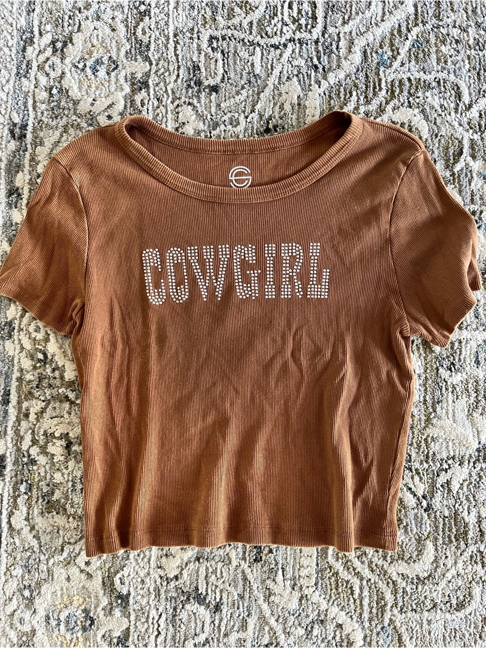 Crop Top "COWGIRL" Rhinestone Tee - Brown